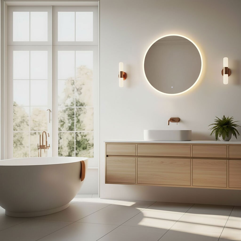 Apvalus LED vonios veidrodis 60 cm, sieninis, trys spalvos, liečiamas jungiklis, ModernHome 1 Apvalus LED vonios veidrodis 60 cm, sieninis, trys spalvos, liečiamas jungiklis, ModernHome 1