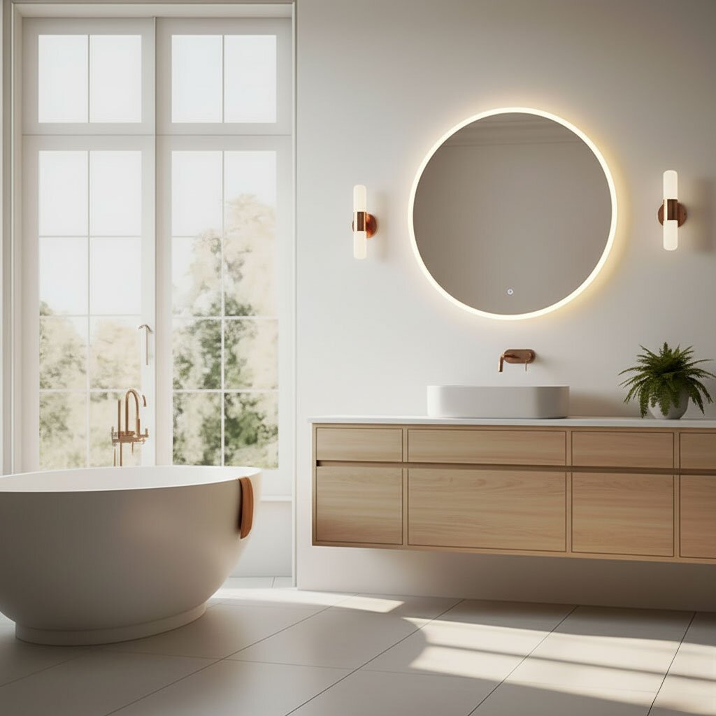 Apvalus LED vonios veidrodis 80 cm, sieninis, trys spalvos, liečiamas jungiklis, ModernHome 1