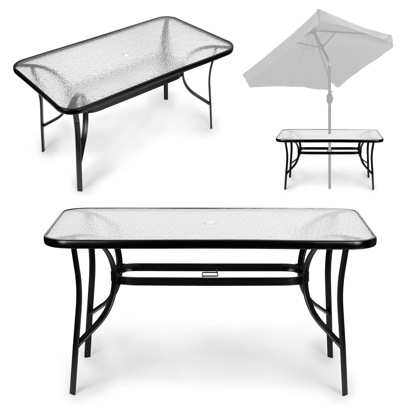 Stiklinis sodo stalas 120 × 70 cm terasai ir sodui, grūdintas stiklas, skylė skėčiui, MultiGarden Stiklinis sodo stalas 120 × 70 cm terasai ir sodui, grūdintas stiklas, skylė skėčiui, MultiGarden