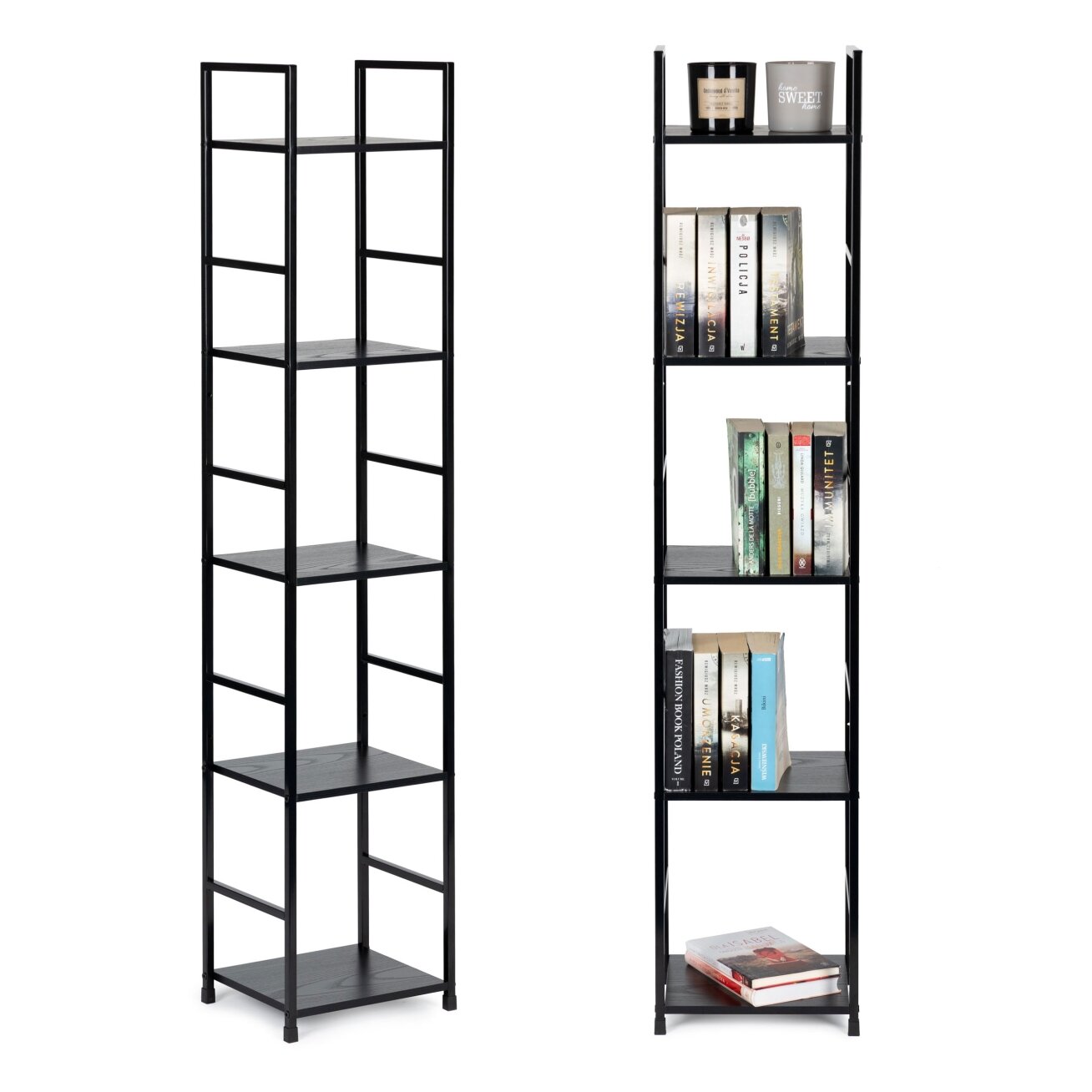 Moderni medinė lentyna su metaliniu rėmu, keturių lentynų, LOFT stilius, juoda, ModernHome