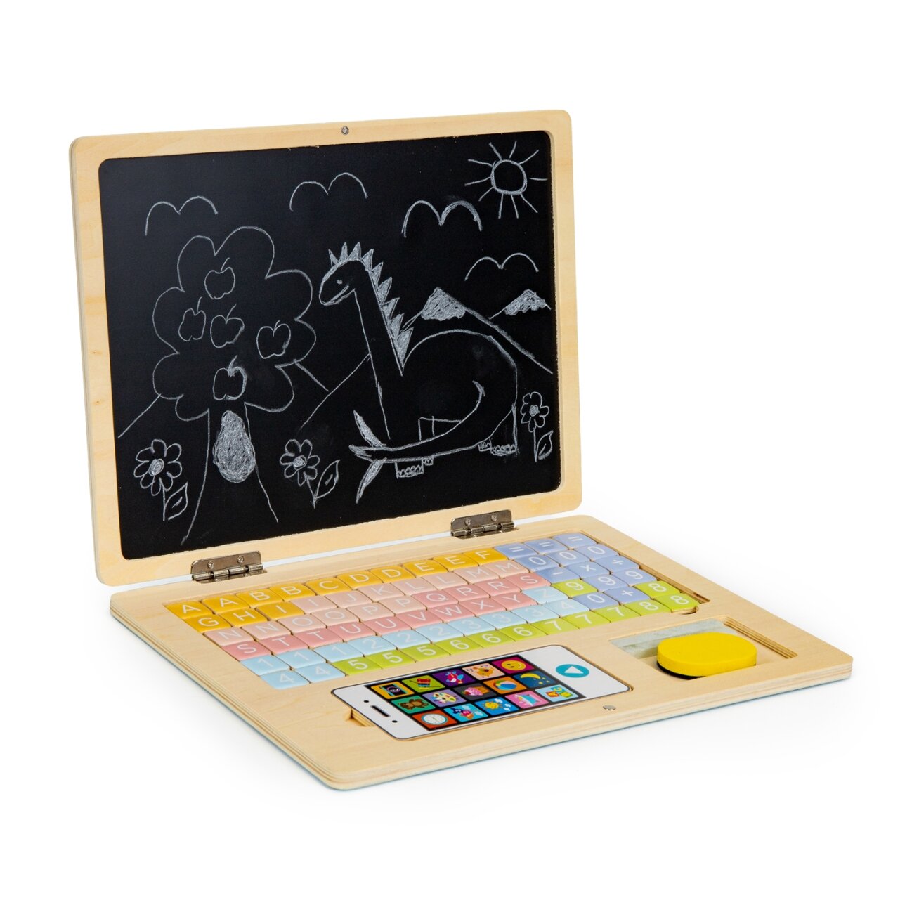 Medinė magnetinė edukacinė lenta–nešiojamas kompiuteris su telefonu ir raidėmis, ECOTOYS 1