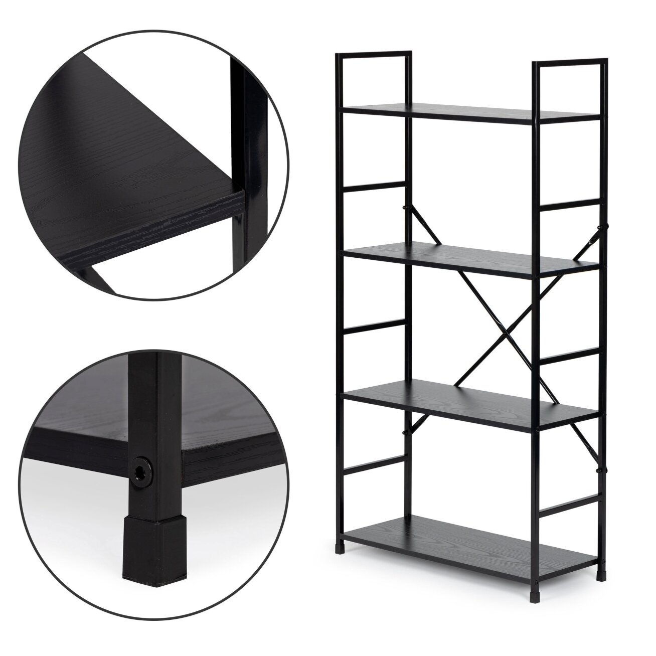 Plati moderni LOFT stiliaus medinė knygų lentyna su penkiomis lentynomis, juoda, ModernHome 2 Plati moderni LOFT stiliaus medinė knygų lentyna su penkiomis lentynomis, juoda, ModernHome 2