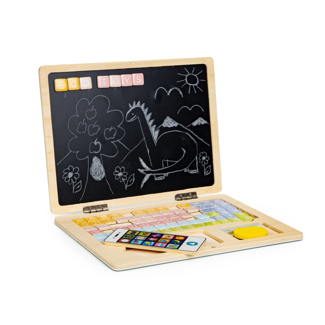 Medinė magnetinė edukacinė lenta–nešiojamas kompiuteris su telefonu ir raidėmis, ECOTOYS 2 Medinė magnetinė edukacinė lenta–nešiojamas kompiuteris su telefonu ir raidėmis, ECOTOYS 2