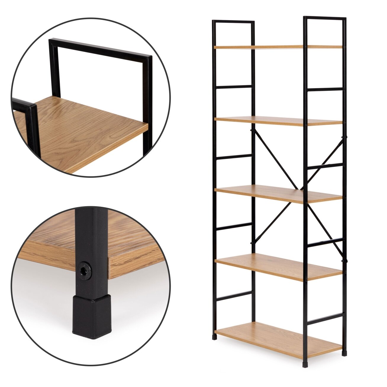 Plati moderni medinė knygų lentyna lofto stiliaus, penkių lygių, ModernHome 3