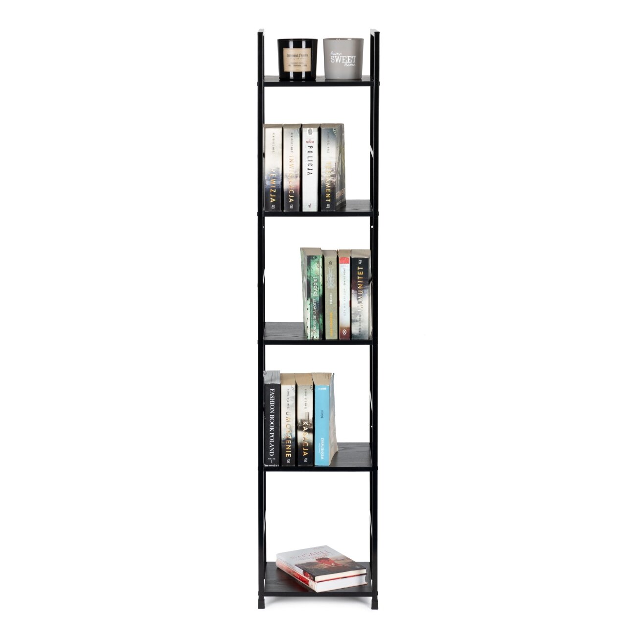 Moderni medinė lentyna su metaliniu rėmu, keturių lentynų, LOFT stilius, juoda, ModernHome 3 Moderni medinė lentyna su metaliniu rėmu, keturių lentynų, LOFT stilius, juoda, ModernHome 3