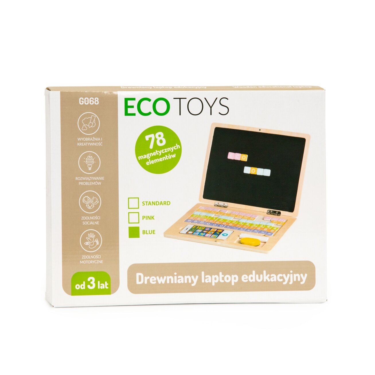 Medinė magnetinė edukacinė lenta–nešiojamas kompiuteris su telefonu ir raidėmis, ECOTOYS 3 Medinė magnetinė edukacinė lenta–nešiojamas kompiuteris su telefonu ir raidėmis, ECOTOYS 3