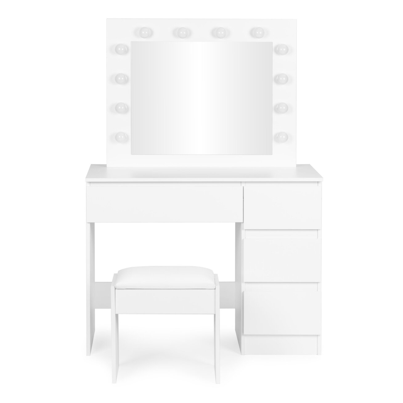 Tualetinis staliukas su veidrodžiu, LED apšvietimu, keturiais stalčiais ir kėdute, ModernHome 3 Tualetinis staliukas su veidrodžiu, LED apšvietimu, keturiais stalčiais ir kėdute, ModernHome 3