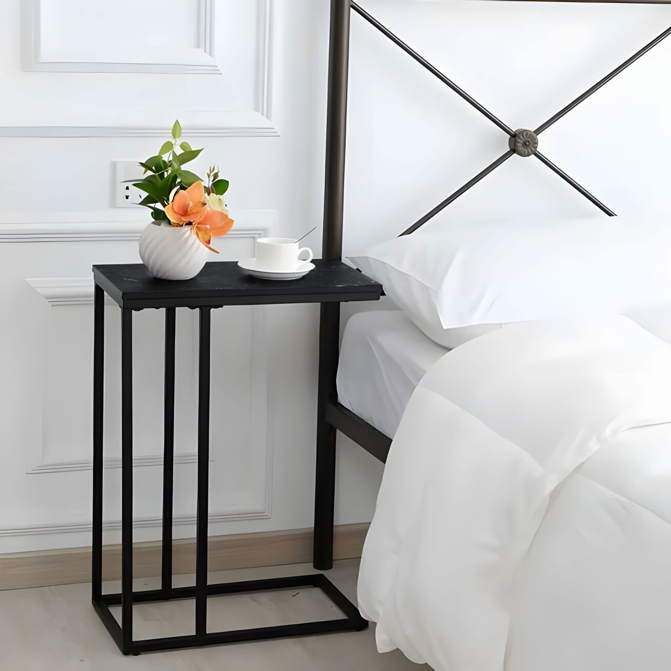 Šoninis staliukas nešiojamam kompiuteriui arba kavos staliukas, C formos, juodo marmuro dizainas, ModernHome 3 Šoninis staliukas nešiojamam kompiuteriui arba kavos staliukas, C formos, juodo marmuro dizainas, ModernHome 3
