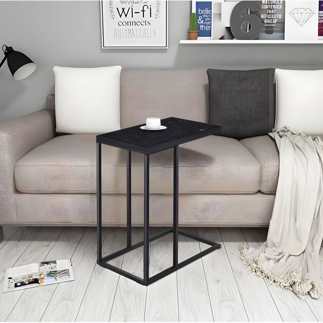 Šoninis staliukas nešiojamam kompiuteriui arba kavos staliukas, C formos, juodo marmuro dizainas, ModernHome 4 Šoninis staliukas nešiojamam kompiuteriui arba kavos staliukas, C formos, juodo marmuro dizainas, ModernHome 4