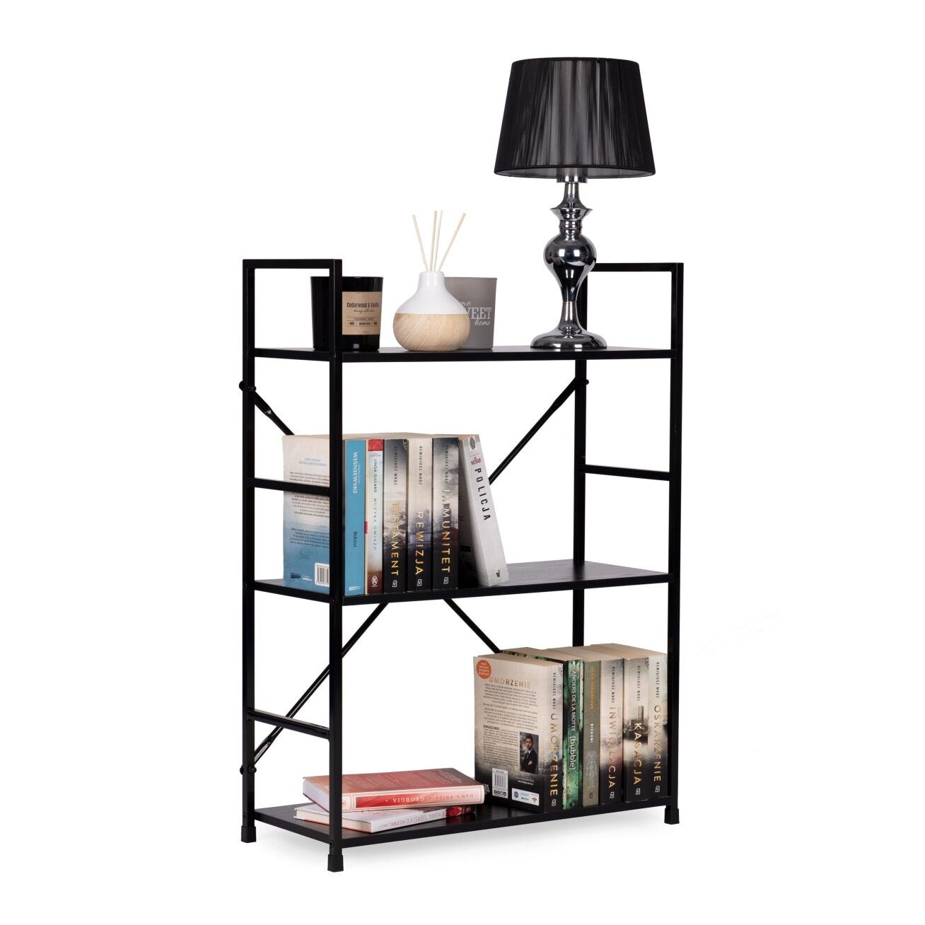 Plati medinė knygų lentyna su metaliniu rėmu, lofto stilius, ModernHome 5