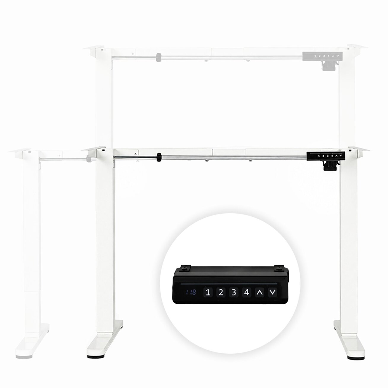 Elektrinis stalo rėmas, aukščio reguliavimas 72–118 cm, stalviršio pakėlimas iki 160 cm, baltas ModernHome 6 Elektrinis stalo rėmas, aukščio reguliavimas 72–118 cm, stalviršio pakėlimas iki 160 cm, baltas ModernHome 6