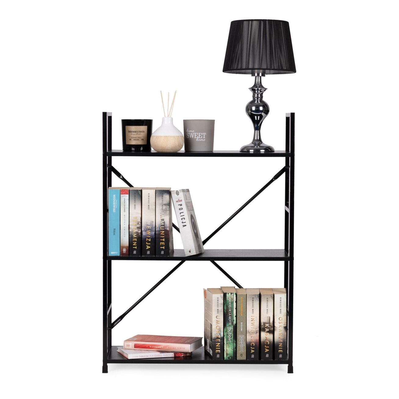 Plati medinė knygų lentyna su metaliniu rėmu, lofto stilius, ModernHome 6