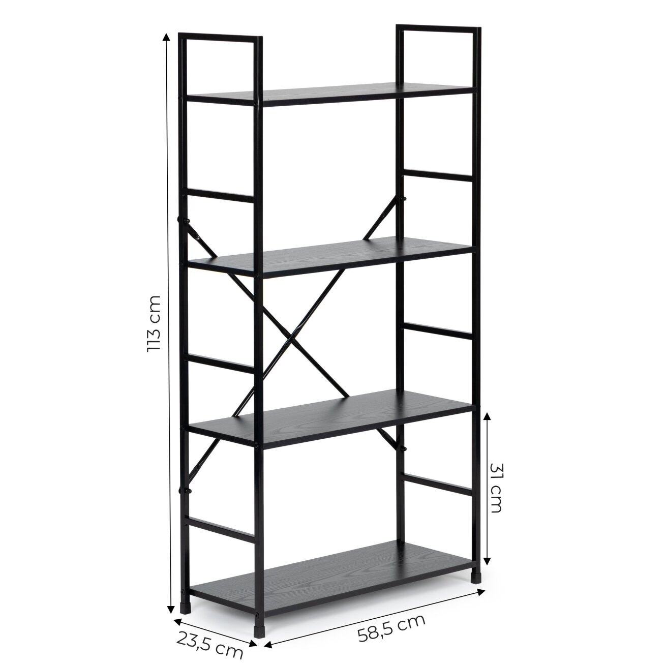 Plati moderni LOFT stiliaus medinė knygų lentyna su penkiomis lentynomis, juoda, ModernHome 6 Plati moderni LOFT stiliaus medinė knygų lentyna su penkiomis lentynomis, juoda, ModernHome 6