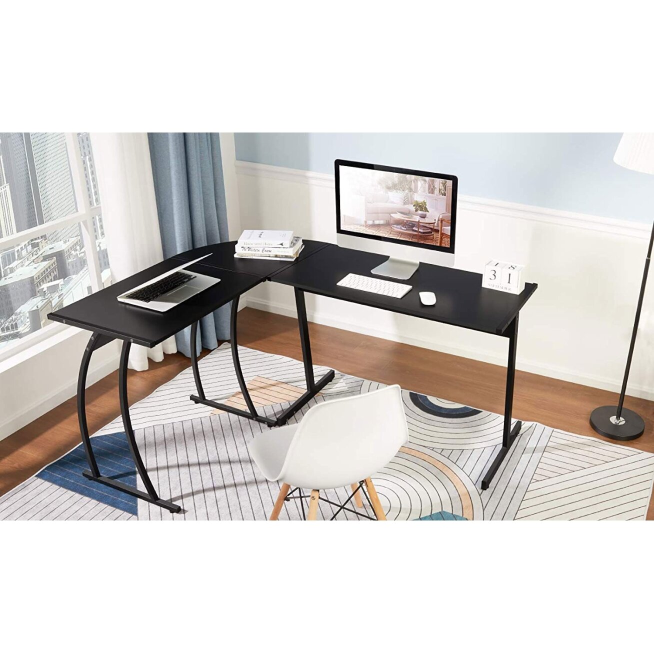 Kampinis biuro stalas lofto stiliaus, juodas, ModernHome 7