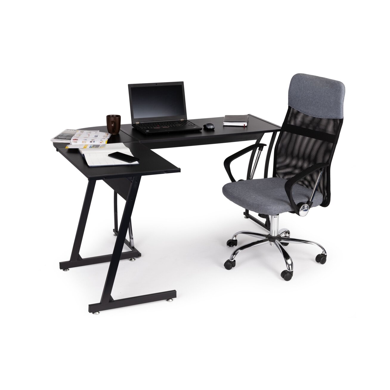 Kampinis biuro stalas lofto stiliaus, juodas, ModernHome 8