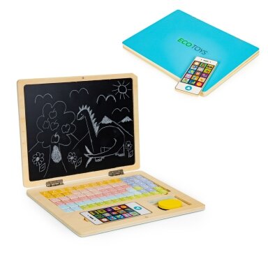 Medinė magnetinė edukacinė lenta–nešiojamas kompiuteris su telefonu ir raidėmis, ECOTOYS