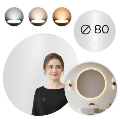 Apvalus LED vonios veidrodis 80 cm, sieninis, trys spalvos, liečiamas jungiklis, ModernHome
