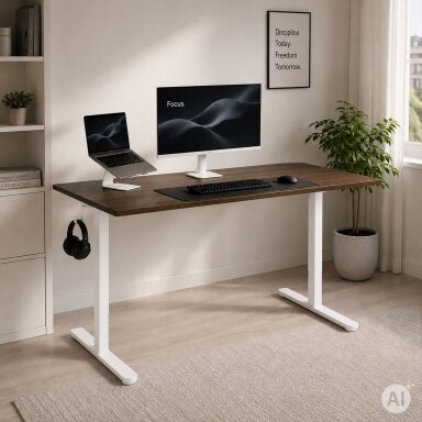 Elektrinis stalo rėmas, aukščio reguliavimas 72–118 cm, stalviršio pakėlimas iki 160 cm, baltas ModernHome