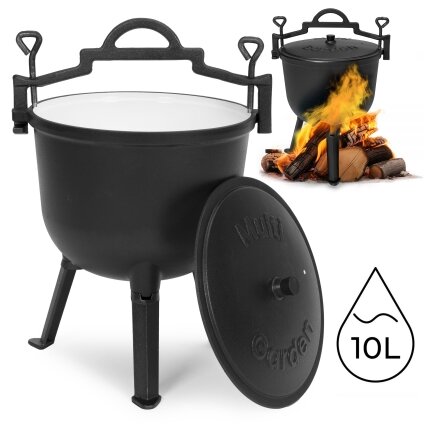 Ketaus emaliuotas katilas 10 l, pastatomas medžioklės puodas, laužo kepsninė, „MultiGarden“ Ketaus emaliuotas katilas 10 l, pastatomas medžioklės puodas, laužo kepsninė, „MultiGarden“