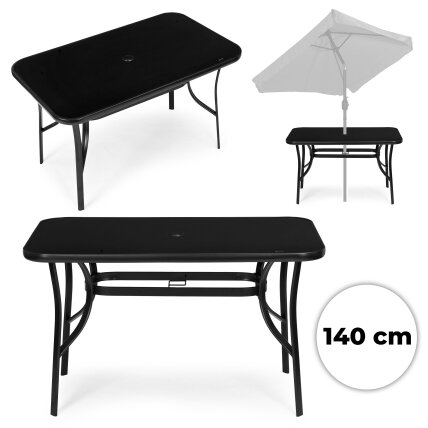 Sodo stalas, 140x80 cm, grūdintas stiklas, su skėčio skylute, juodas, „MultiGarden“ Sodo stalas, 140x80 cm, grūdintas stiklas, su skėčio skylute, juodas, „MultiGarden“