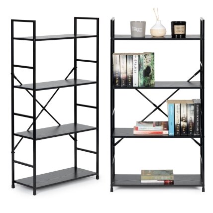 Plati moderni LOFT stiliaus medinė knygų lentyna su penkiomis lentynomis, juoda, ModernHome