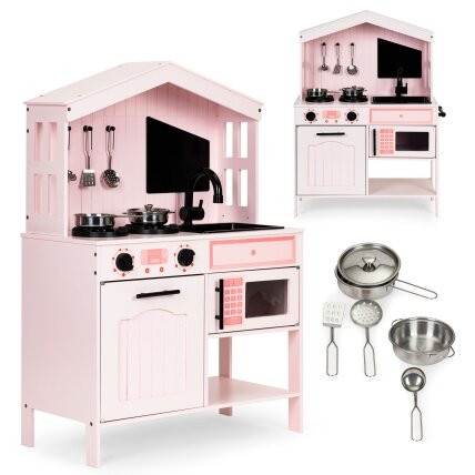 Medinė vaikiška virtuvė su orkaite, mikrobangų krosnele, degikliais ir priedais, ECOTOYS Medinė vaikiška virtuvė su orkaite, mikrobangų krosnele, degikliais ir priedais, ECOTOYS