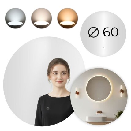 Apvalus LED vonios veidrodis 60 cm, sieninis, trys spalvos, liečiamas jungiklis, ModernHome Apvalus LED vonios veidrodis 60 cm, sieninis, trys spalvos, liečiamas jungiklis, ModernHome