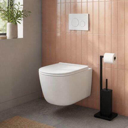 Tualetinio popieriaus stovas su laikikliu ir tualetiniu šepečiu, juodas, ModernHome 1 Tualetinio popieriaus stovas su laikikliu ir tualetiniu šepečiu, juodas, ModernHome 1