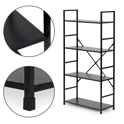 Plati moderni LOFT stiliaus medinė knygų lentyna su penkiomis lentynomis, juoda, ModernHome 2