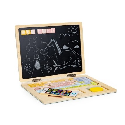 Medinė magnetinė edukacinė lenta–nešiojamas kompiuteris su telefonu ir raidėmis, ECOTOYS 2