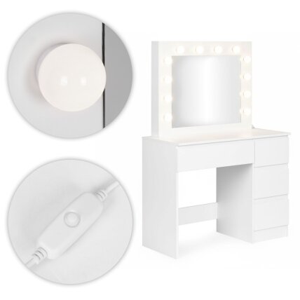 Tualetinis staliukas su veidrodžiu, LED apšvietimu, keturiais stalčiais ir kėdute, ModernHome 7 Tualetinis staliukas su veidrodžiu, LED apšvietimu, keturiais stalčiais ir kėdute, ModernHome 7