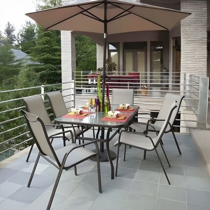 Stiklinis sodo stalas 120 × 70 cm terasai ir sodui, grūdintas stiklas, skylė skėčiui, MultiGarden 8 Stiklinis sodo stalas 120 × 70 cm terasai ir sodui, grūdintas stiklas, skylė skėčiui, MultiGarden 8