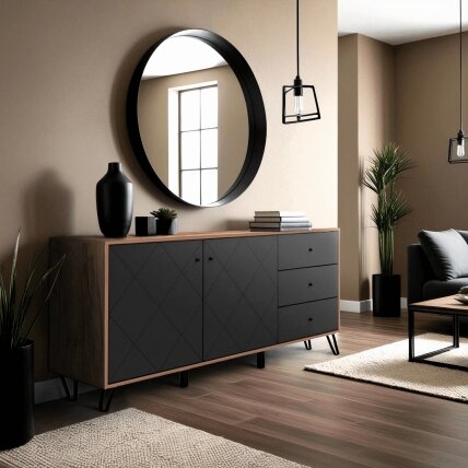 BACARDI komoda 183 cm ąžuolo kraftinio tabako / grafito spalvos – modernus charakteris ir talpus dizainas BACARDI komoda 183 cm ąžuolo kraftinio tabako / grafito spalvos – modernus charakteris ir talpus dizainas