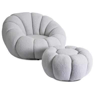 Pettit PETTIT pilkas besisukantis poilsio krėslas su pufu iš „Teddy Boucle“ audinio