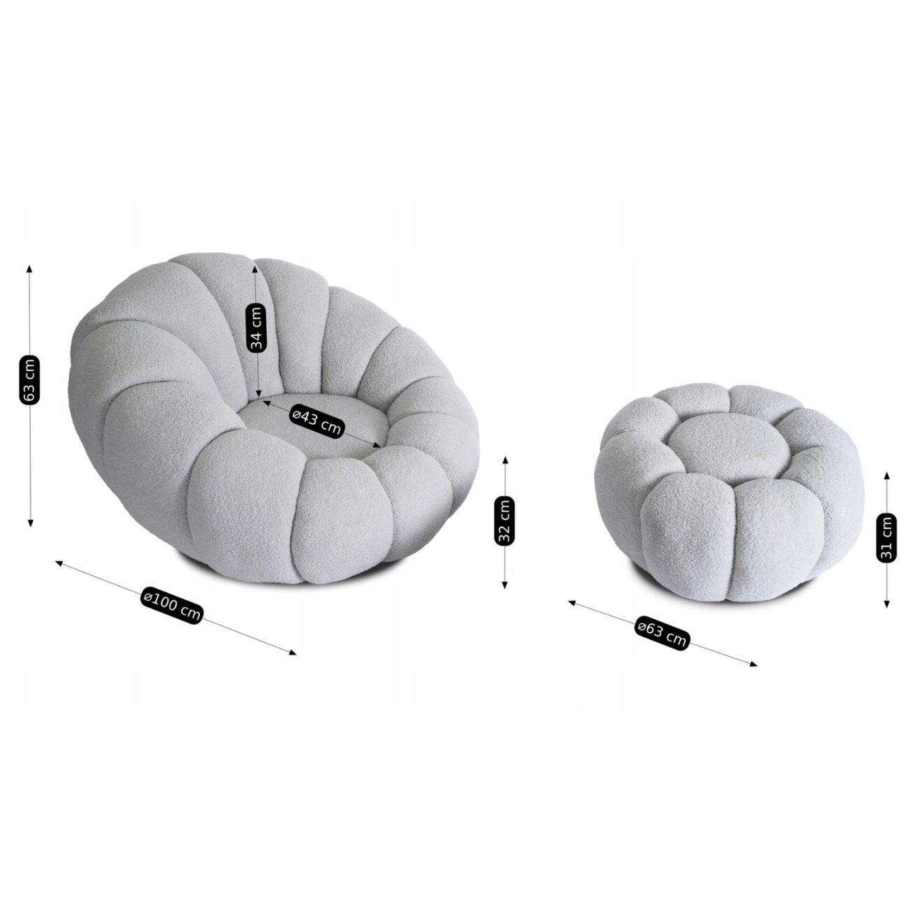 Pettit PETTIT pilkas besisukantis poilsio krėslas su pufu iš „Teddy Boucle“ audinio 6