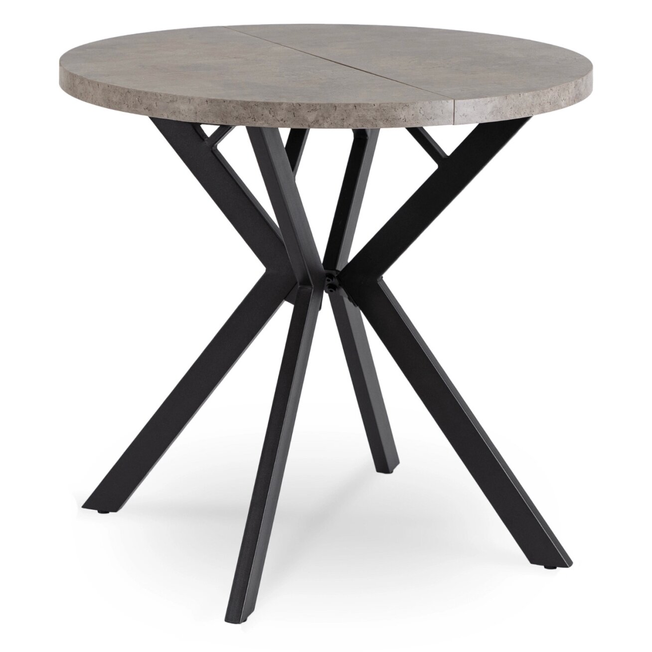 Dilan išskleidžiamas apvalus stalas, 80–160 cm, betono spalvos/juodas, lofto stiliaus Dilan išskleidžiamas apvalus stalas, 80–160 cm, betono spalvos/juodas, lofto stiliaus