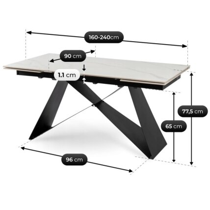 VICTOR stačiakampis ištraukiamas stalas, 160–240 cm, keramika, baltas marmuras/juodas, moderniam lofto stiliaus valgomajam 11 VICTOR stačiakampis ištraukiamas stalas, 160–240 cm, keramika, baltas marmuras/juodas, moderniam lofto stiliaus valgomajam 11