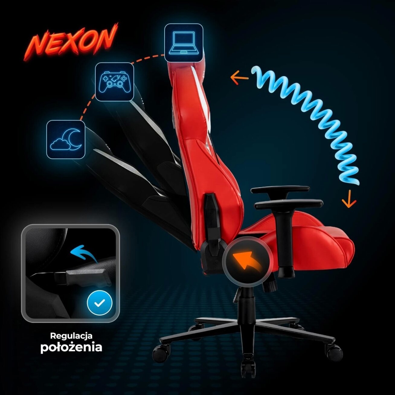 NEXON raudona pasukama žaidimų kėdė – komfortas ir stilius kiekvienam žaidėjui 2