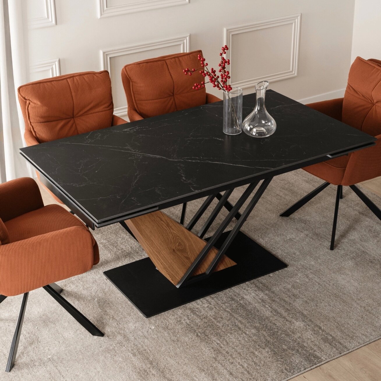 REX 2 stačiakampis ištraukiamas stalas, 180–240 cm, keramika, baltas marmuras/juodas, moderniam lofto stiliaus valgomajam 1 REX 2 stačiakampis ištraukiamas stalas, 180–240 cm, keramika, baltas marmuras/juodas, moderniam lofto stiliaus valgomajam 1