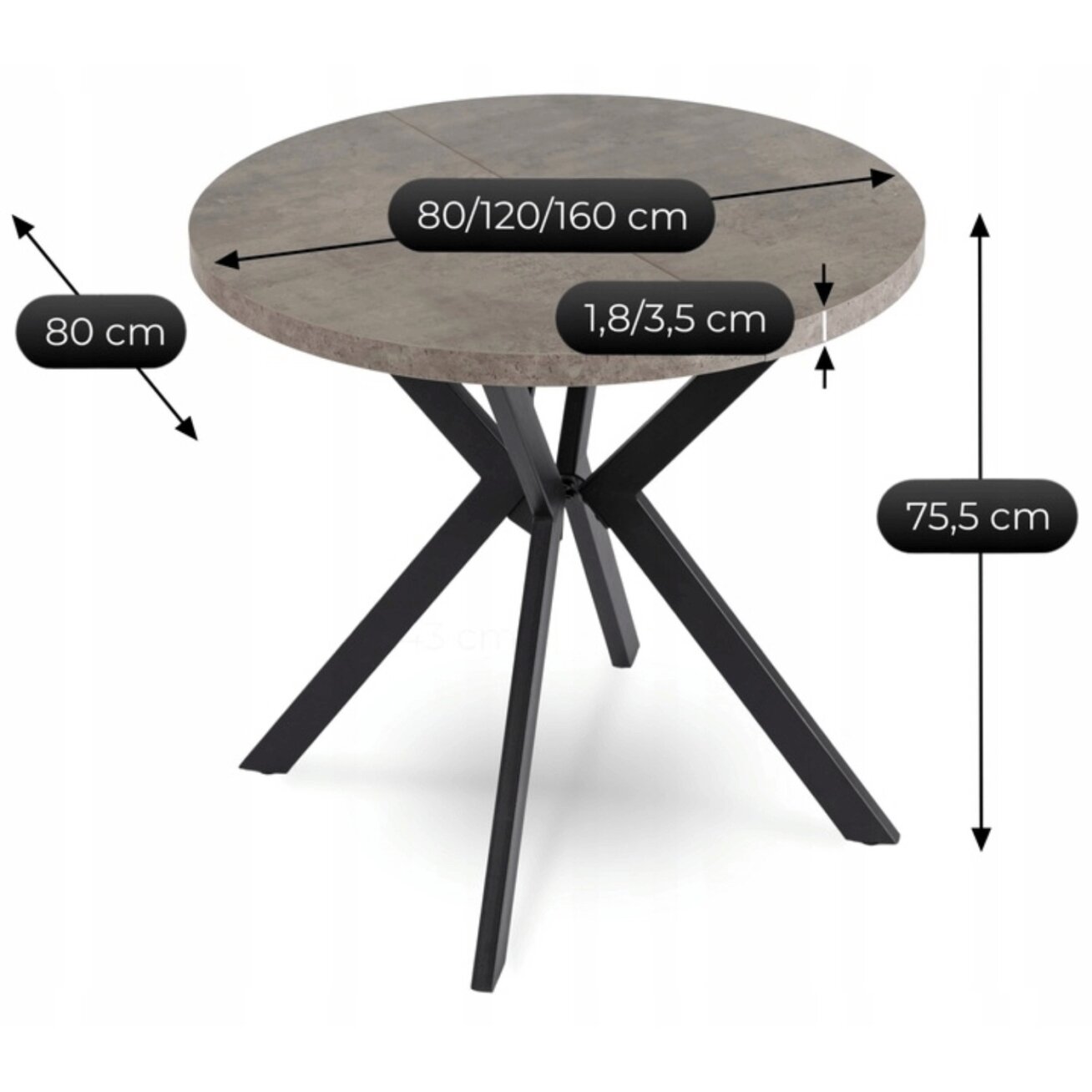 Dilan išskleidžiamas apvalus stalas, 80–160 cm, betono spalvos/juodas, lofto stiliaus 9 Dilan išskleidžiamas apvalus stalas, 80–160 cm, betono spalvos/juodas, lofto stiliaus 9