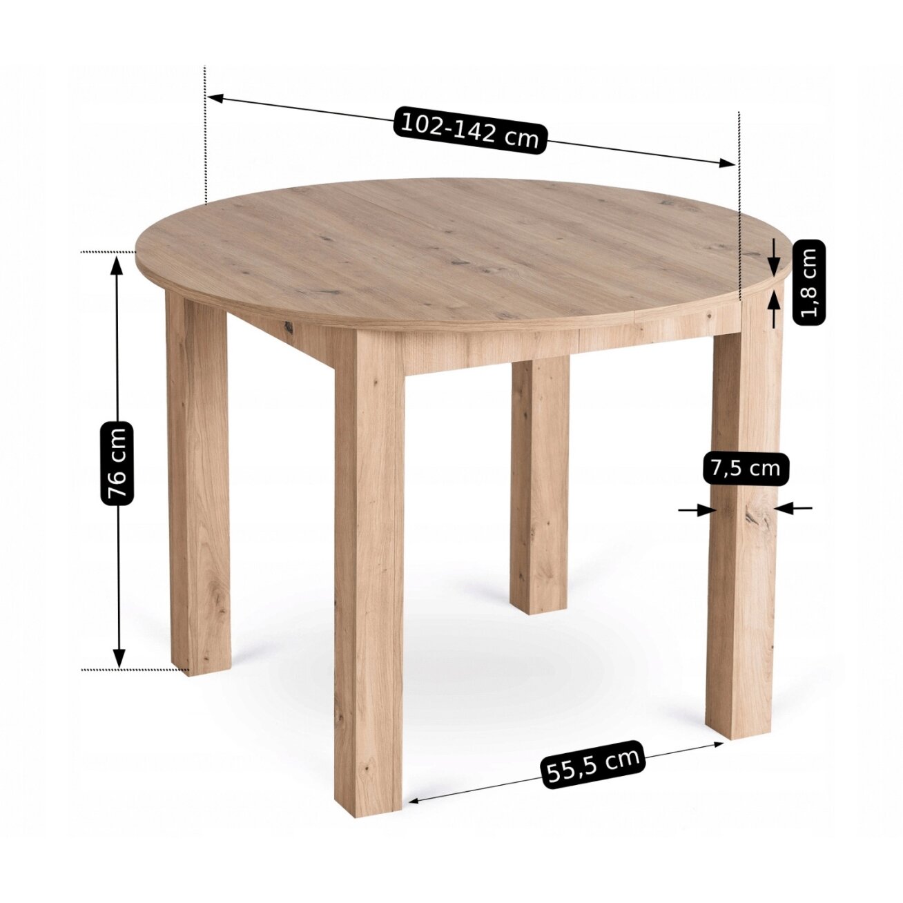 Apvalus išskleidžiamas stalas 102–142 cm, Artisan ąžuolo spalvos 9