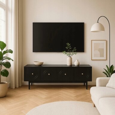 MARLEN 155 cm juoda moderni keturių durų televizoriaus spintelė svetainei
