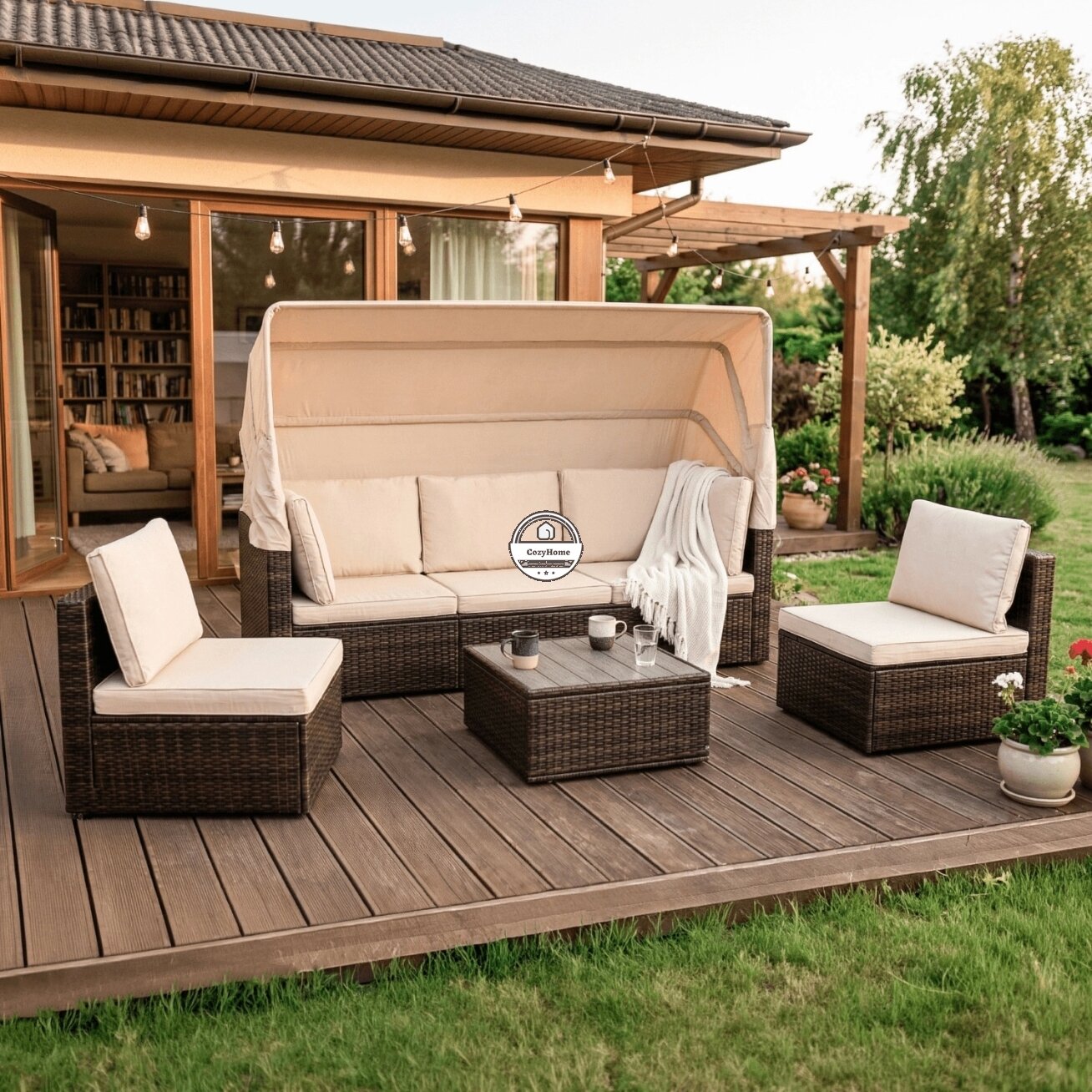 CALIENTE sodo baldų komplektas: modulinė sofa, 2 foteliai, terasos stalas, ruda/smėlio spalvos, modernus technoratanas 1 CALIENTE sodo baldų komplektas: modulinė sofa, 2 foteliai, terasos stalas, ruda/smėlio spalvos, modernus technoratanas 1