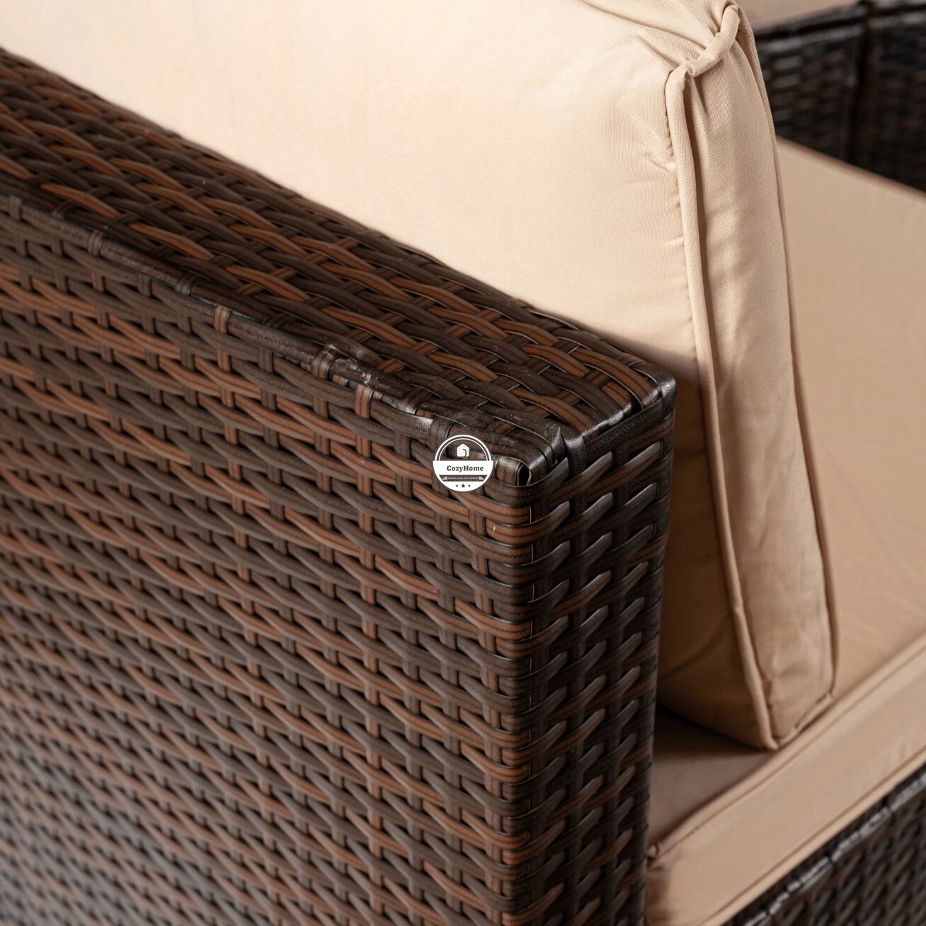 CALIENTE sodo baldų komplektas: modulinė sofa, 2 foteliai, terasos stalas, ruda/smėlio spalvos, modernus technoratanas 5