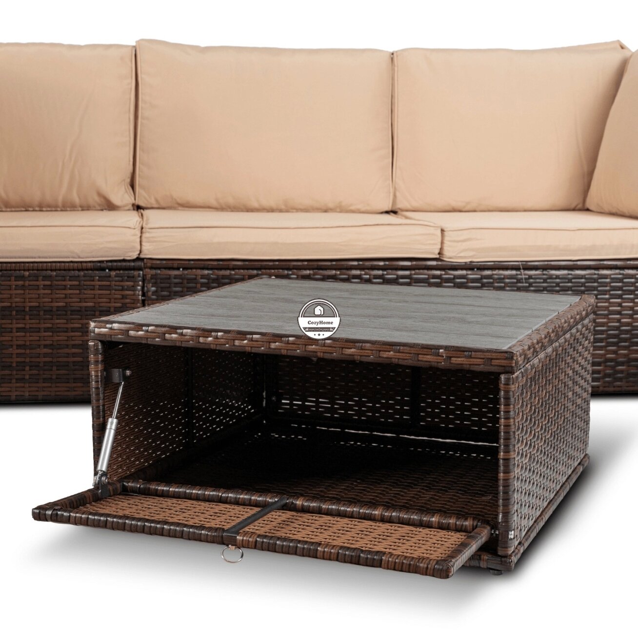 CALIENTE sodo baldų komplektas: modulinė sofa, 2 foteliai, terasos stalas, ruda/smėlio spalvos, modernus technoratanas 6 CALIENTE sodo baldų komplektas: modulinė sofa, 2 foteliai, terasos stalas, ruda/smėlio spalvos, modernus technoratanas 6