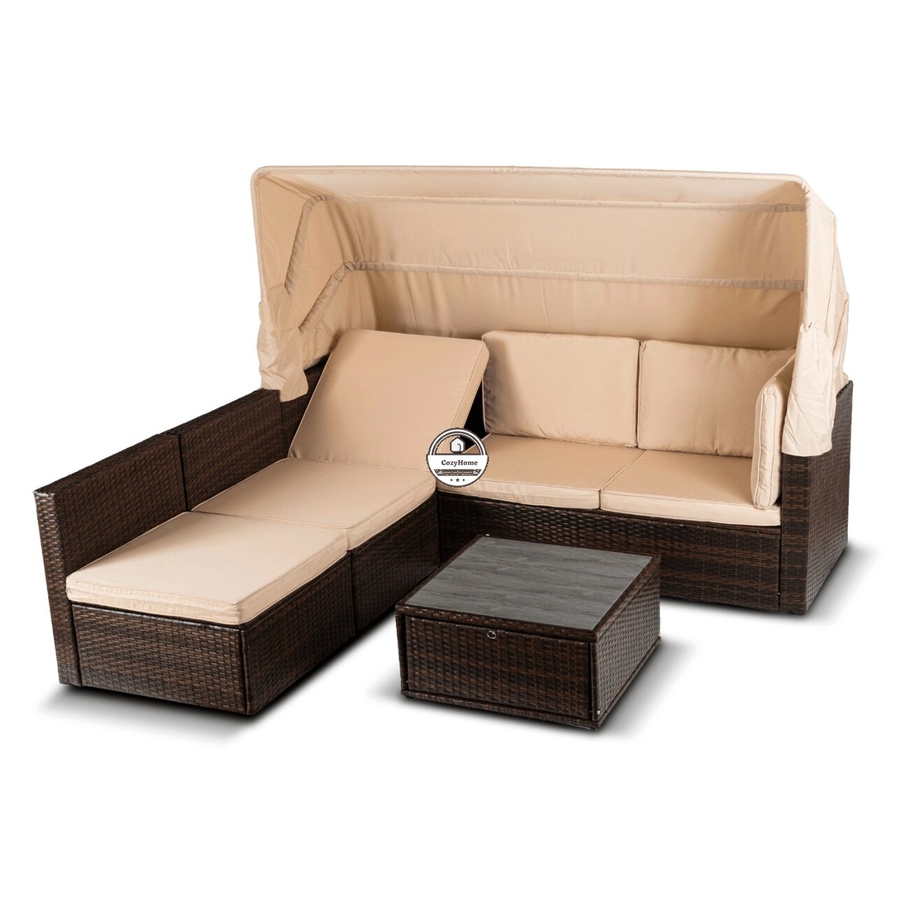 CALIENTE sodo baldų komplektas: modulinė sofa, 2 foteliai, terasos stalas, ruda/smėlio spalvos, modernus technoratanas 4 CALIENTE sodo baldų komplektas: modulinė sofa, 2 foteliai, terasos stalas, ruda/smėlio spalvos, modernus technoratanas 4