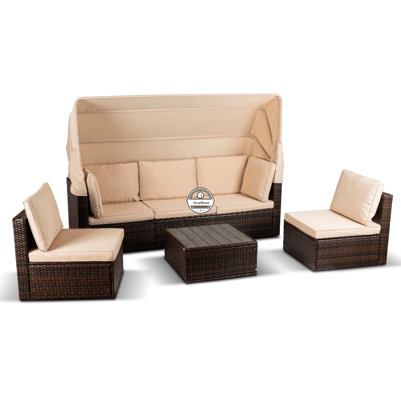 CALIENTE sodo baldų komplektas: modulinė sofa, 2 foteliai, terasos stalas, ruda/smėlio spalvos, modernus technoratanas 2