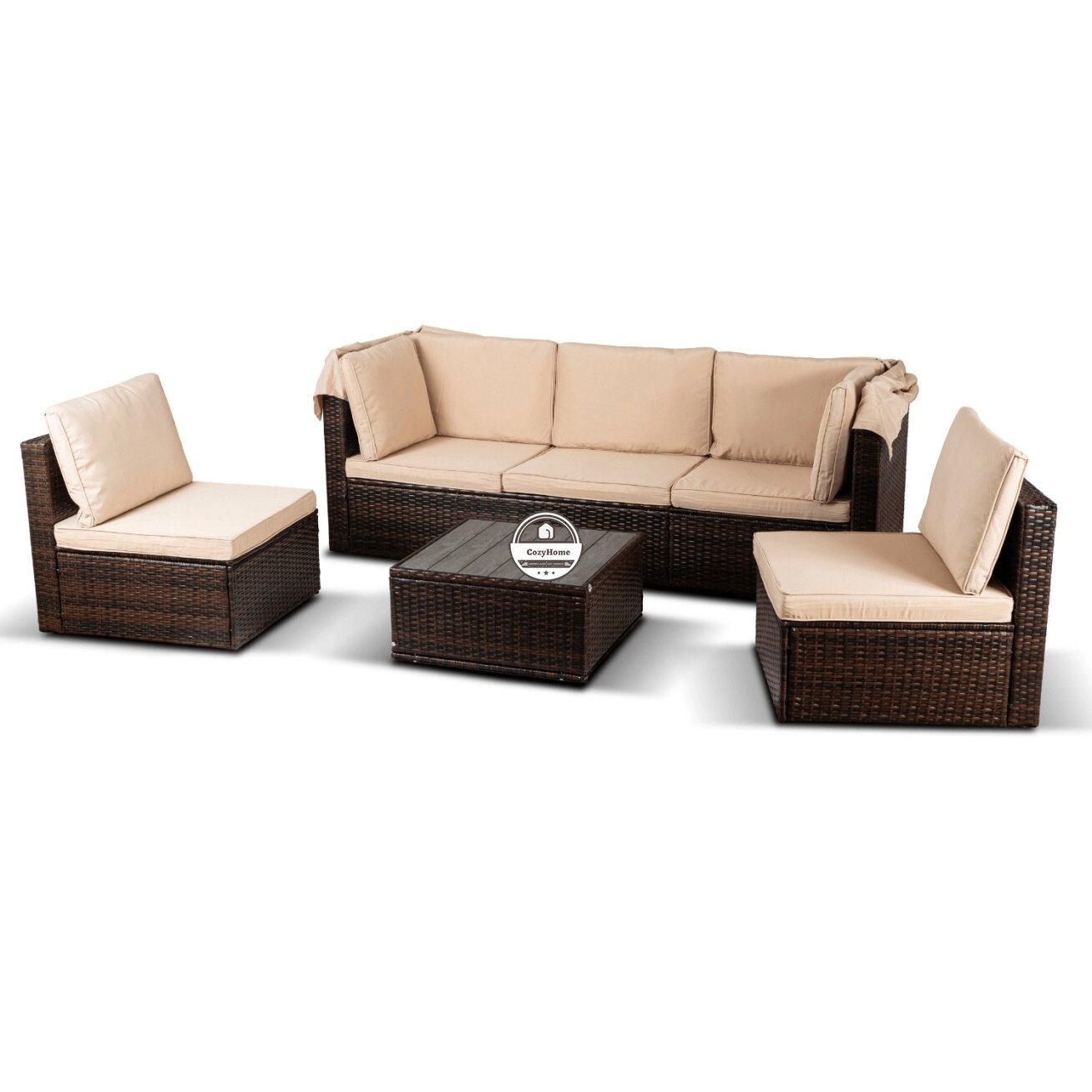 CALIENTE sodo baldų komplektas: modulinė sofa, 2 foteliai, terasos stalas, ruda/smėlio spalvos, modernus technoratanas CALIENTE sodo baldų komplektas: modulinė sofa, 2 foteliai, terasos stalas, ruda/smėlio spalvos, modernus technoratanas