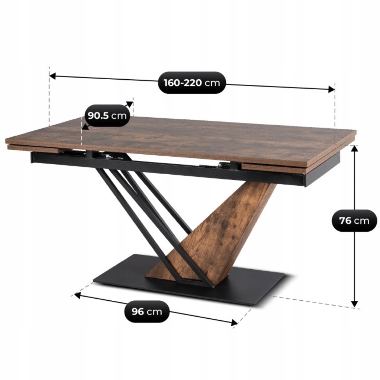 REX išskleidžiamas stalas, 160–220 cm, MDF, kaimiško ąžuolo/juodos spalvos 4