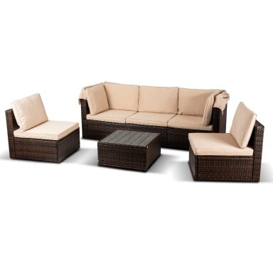 CALIENTE sodo baldų komplektas: modulinė sofa, 2 foteliai, terasos stalas, ruda/smėlio spalvos, modernus technoratanas CALIENTE sodo baldų komplektas: modulinė sofa, 2 foteliai, terasos stalas, ruda/smėlio spalvos, modernus technoratanas